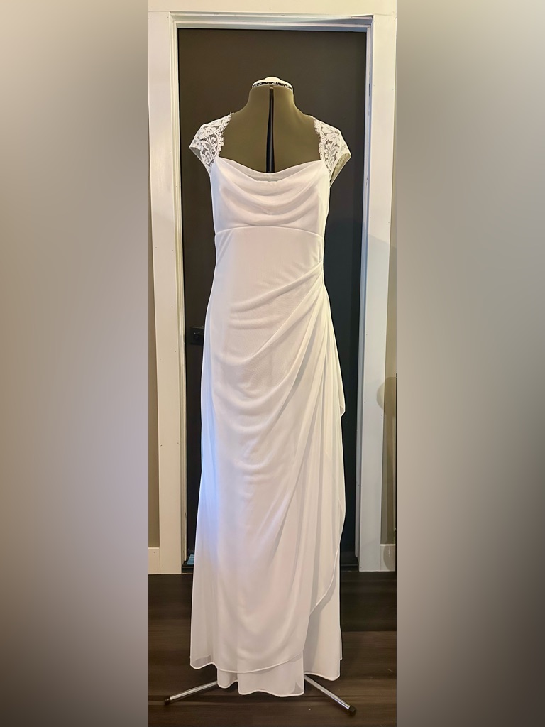 David's Bridal White Lace Cap-Sleeve Draped Gown